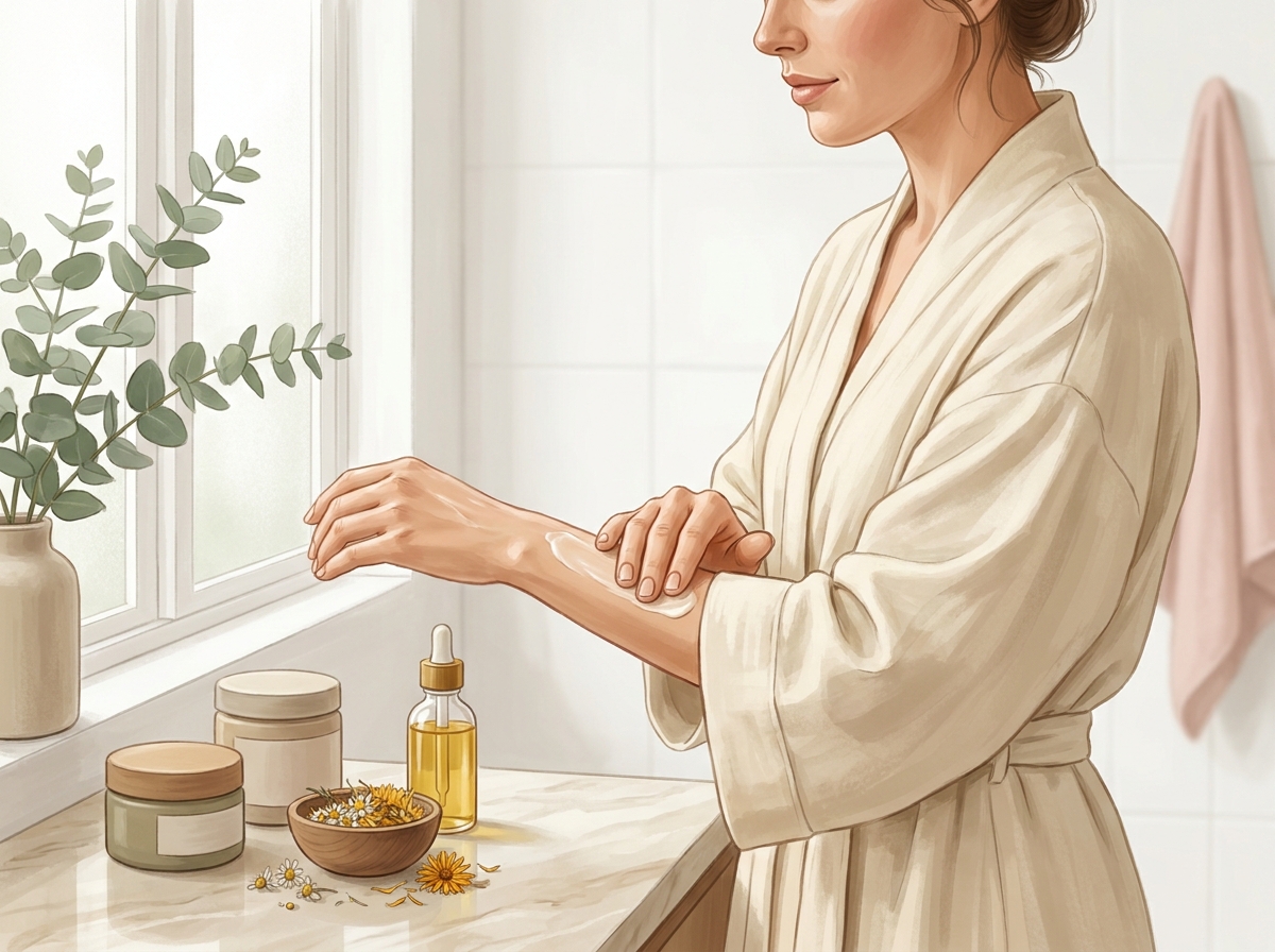 woman in her 50s applying body lotion to her arms in a bright, calm bathroom